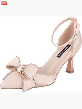 Satin Mid Heel Pumps with Bow Ankle Strap Wedding Party Shoes Wide Width